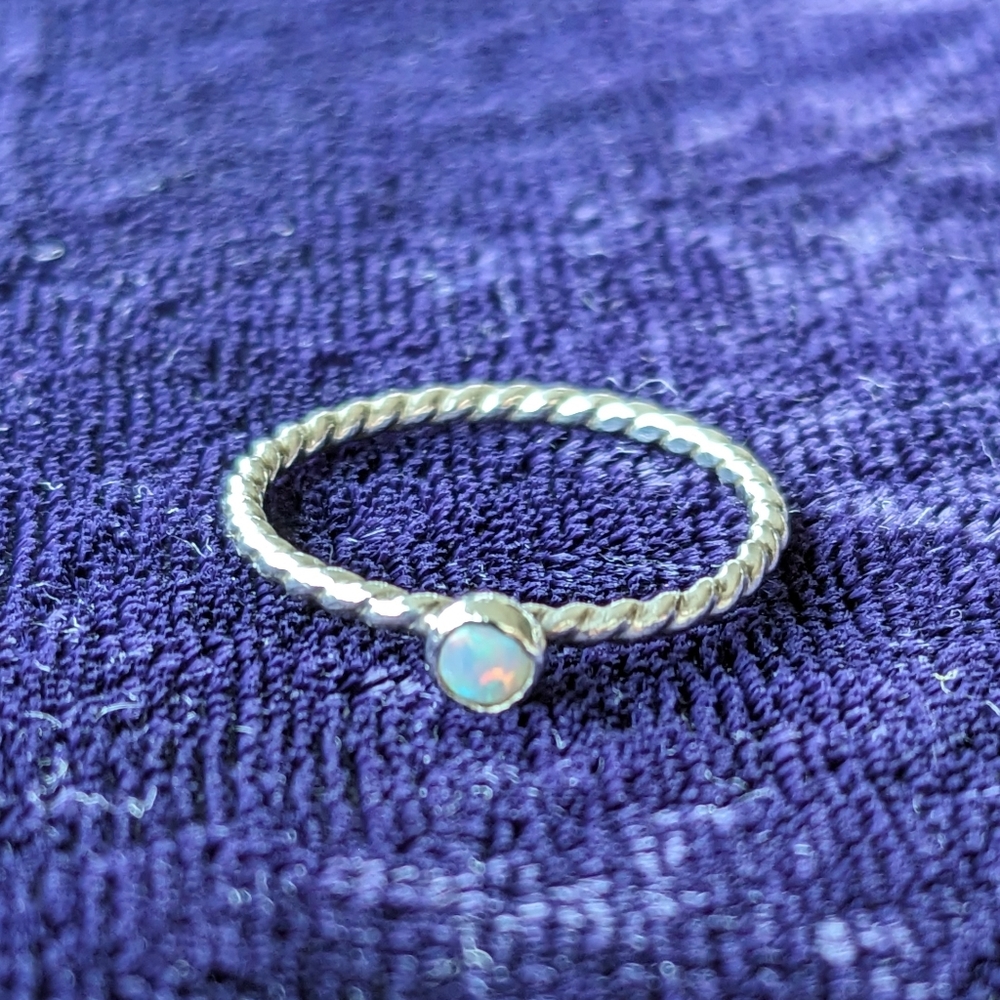 925 Sterling Silver Minimalist Stacking Ring With Australian Black Fire Opal